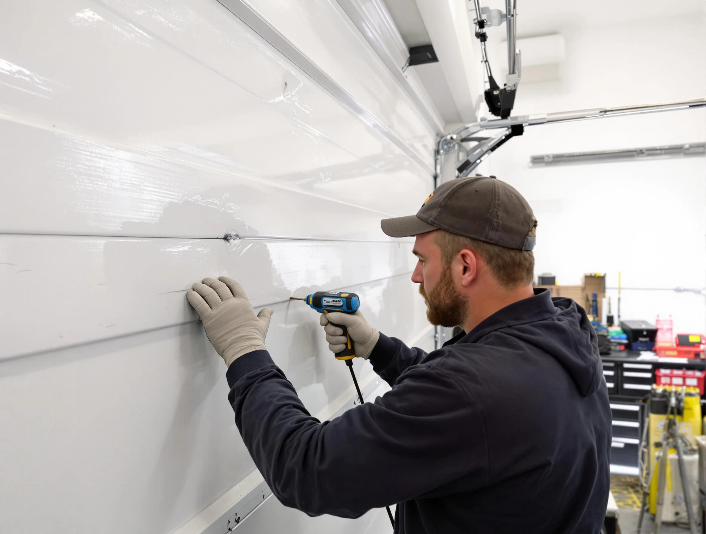 Childersburg Garage Door Repair technician demonstrating precision dent removal techniques on a Childersburg garage door