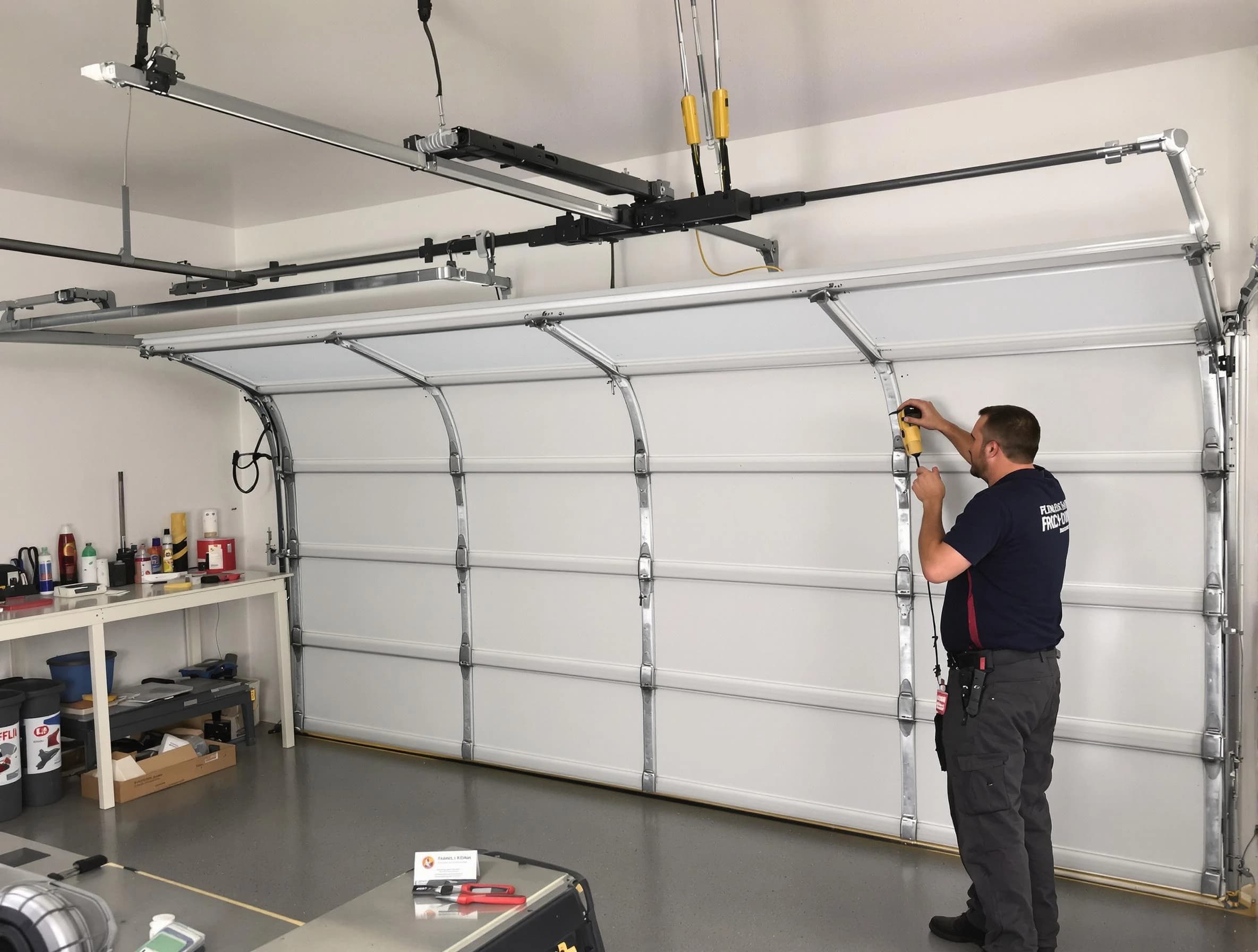 Childersburg Garage Door Repair certified technician performing overhead door system repair in Childersburg